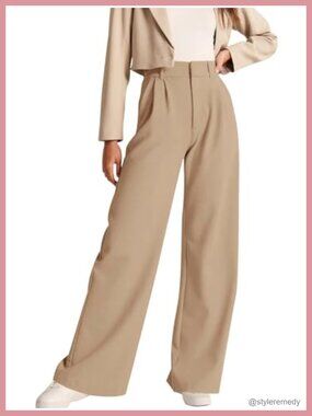 High Rise Wide Leg Pleated Dress Trousers with Pockets Business Casual